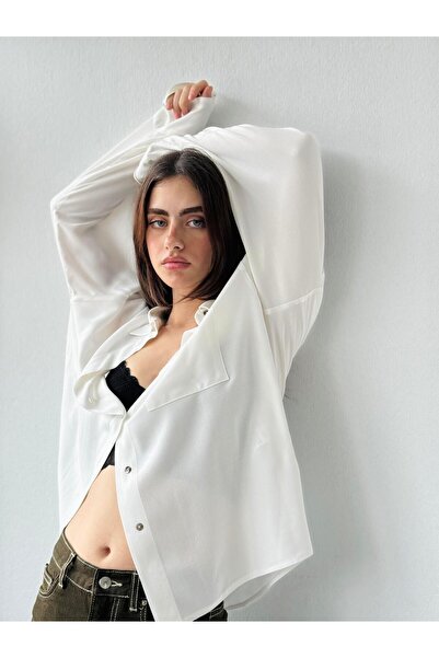 Retrobird Ecru Colored Design Boyfriend Shirt - Women