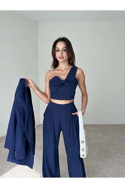Rabia Çelik Women's Navy Blue Bustier Pants Jacket Top and Bottom Set