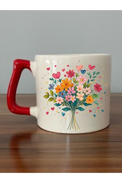 lili hediyelik Hearts and Tree Printed Red Handle Mug Cup Birthday Gift
