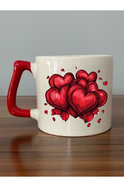 lili hediyelik Stacked Hearts Printed Red Mug with Handle Birthday Gift - Teacup
