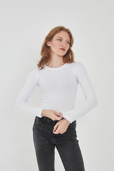 Wearflawless Women's 100% Cotton Crew Neck Long Sleeve Ribbed Blouse