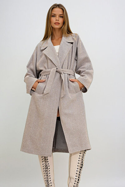 VAGGON Beige Women's Coat - Double Pocket, Unlined, Belted Stamp Prmx12511