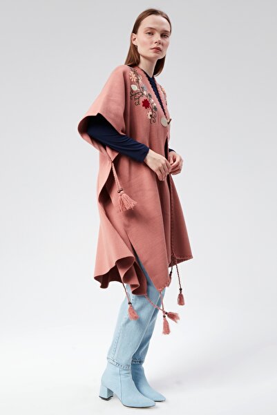CNR TEKSTİL Embroidery Detailed Tassel Accessories Tricot Poncho