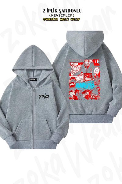 ZOKAWEAR Oversize Naruto Red Back Printed με φερμουάρ και κουκούλα γκρι ζακέτα (2 κλωστές)