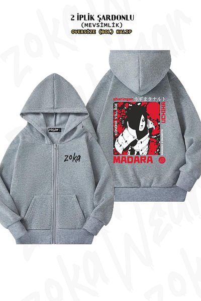 ZOKAWEAR Naruto Uchiha Madara Pattern - Γκρι ζακέτα με κουκούλα με φερμουάρ (2 κλωστές)