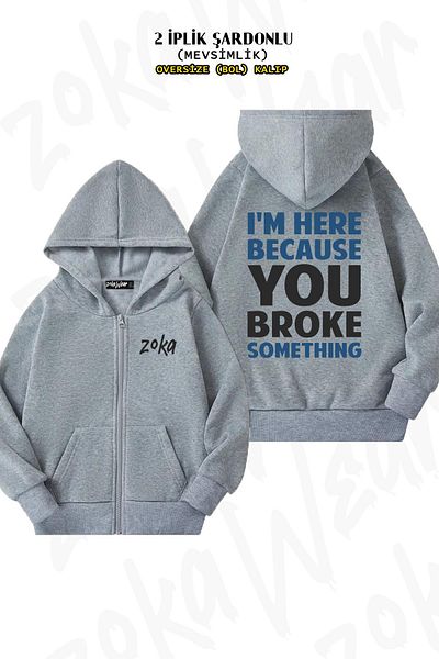 ZOKAWEAR Oversize Broke Developer Software Back Printed Zipper Hooded Grey Cardigan (2 νήματα)