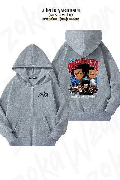 ZOKAWEAR Boondocks Sitcom Back Printed Grey Oversize Cardigan - με φερμουάρ και κουκούλα (2 κλωστές)