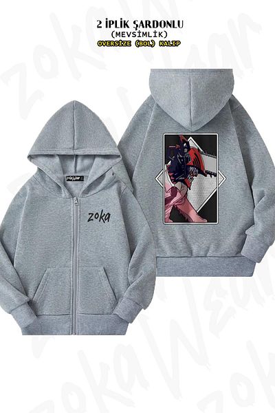 ZOKAWEAR Chainsaw Man Denji Grey Special Back Printed Hooded Cardigan - Φερμουάρ, 2 κλωστές