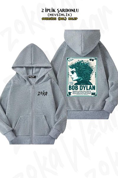 ZOKAWEAR Oversize Bob Dylan v2 Back Printed με φερμουάρ και κουκούλα γκρι ζακέτα (2 κλωστές)