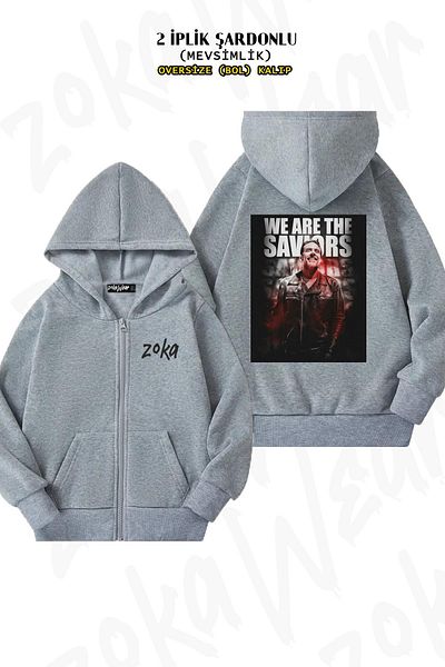 ZOKAWEAR Saviors The Walking Dead Oversize Grey Cardigan - Πίσω στάμπα, φερμουάρ, κουκούλα (2 κλωστές)