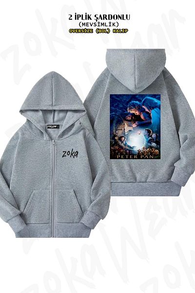 ZOKAWEAR Peter Pan Grey Oversize Cardigan - Back Print, Zipper and Hoodie (2 Thread)