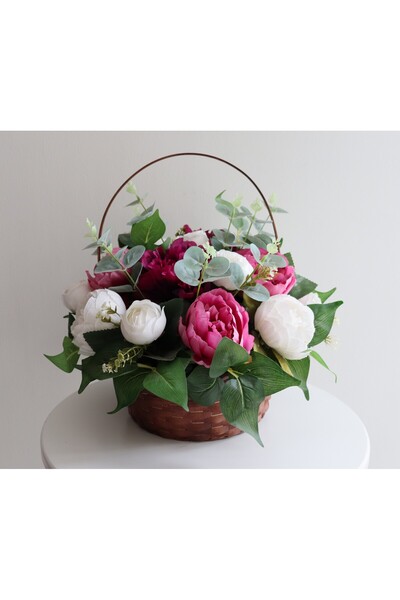 OBJE VİLANA HEDİYELİK/ el yapımı sepetli pembe beyaz çiçekler/ev ofis dekoras...