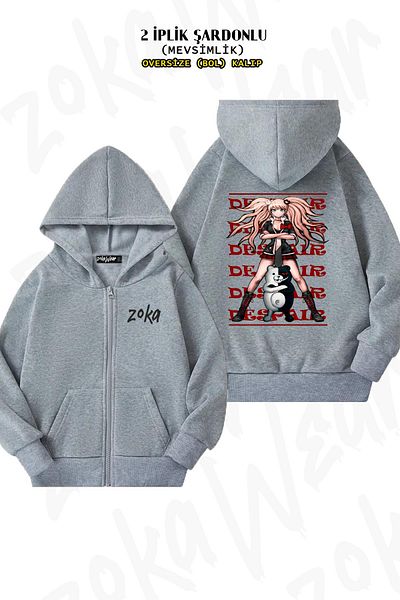 ZOKAWEAR Oversize Junko Enoshima Monokuma με στάμπα με φερμουάρ και κουκούλα γκρι ζακέτα (2 κλωστές)