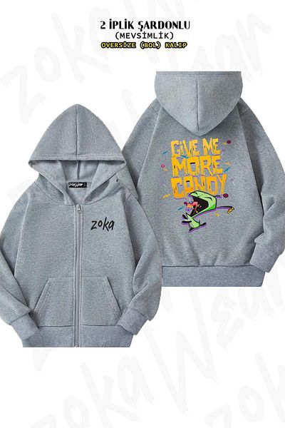 ZOKAWEAR Invader Zim Halloween Grey Oversize Ζακέτα - Πίσω στάμπα, φερμουάρ και κουκούλα (2 κλωστές)