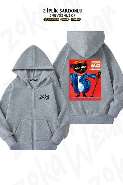 ZOKAWEAR Montreal Jazz Festival Cool Cat Print - Γκρι ζακέτα με φερμουάρ και κουκούλα (2 κλωστές)