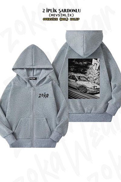 ZOKAWEAR Oversize Initial D Toyota Ae86 Drifting Back Printed με φερμουάρ με κουκούλα γκρι ζακέτα (2 κλωστές)