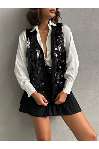 Caddebostan Moda Black Sequin Detailed Stylish Long Premium Luxury Trend Design Women's Vest