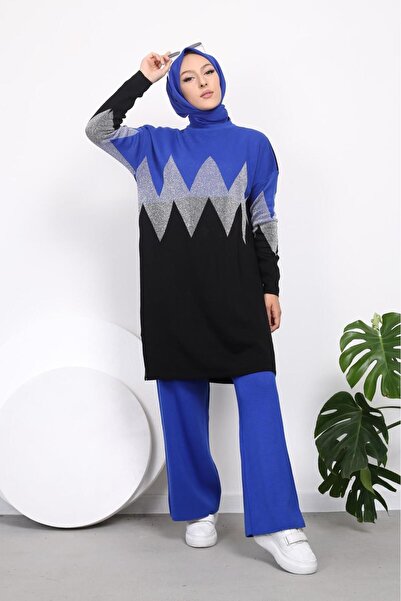 FATELLA KADIN MODEST KENDİNDEN DESENLİ YANDAN YIRTMAÇLI SİMLİ TRİKO TUNİK