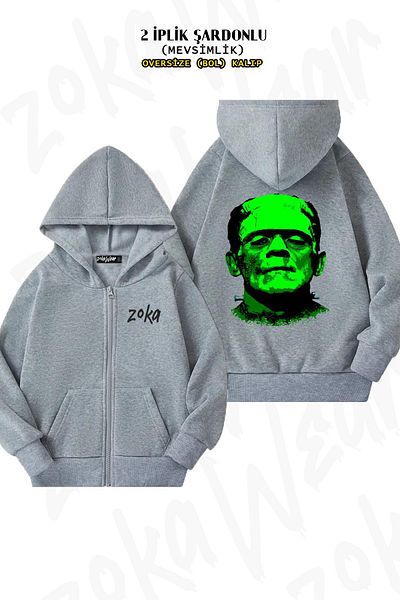 ZOKAWEAR Γκρι ζακέτα με κουκούλα με φερμουάρ στην πλάτη Frankenstein (2 κλωστές)