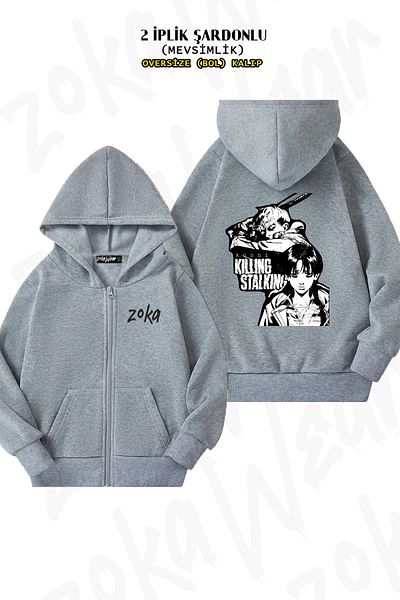 ZOKAWEAR Oversize Killing Stalking Yaoi Back Printed Zip-Up Hooded Gray Cardigan (2 Thread)