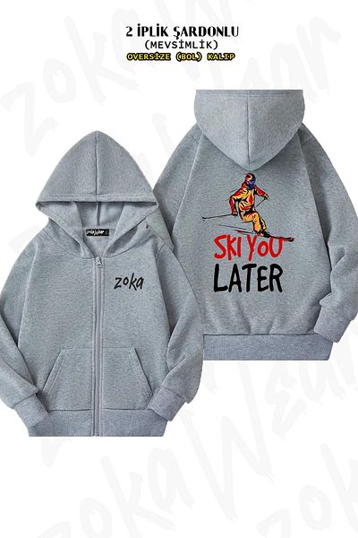 ZOKAWEAR Oversize Ski Ski Cardigan with You Later Back Print - Grey with Zipper and Hoodie (2 Thread)