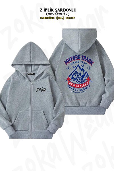 ZOKAWEAR سترة رمادية كبيرة الحجم من Milford Track New Zealand - مع طباعة خلفي...