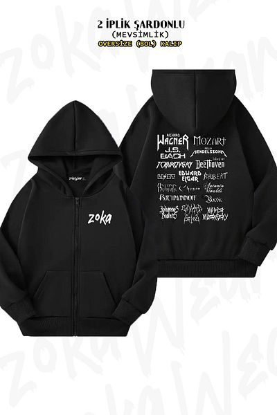ZOKAWEAR Oversize Heavy Metal Custom Vip Back Printed Zip-Up Hooded Black Cardigan (2 Thread)