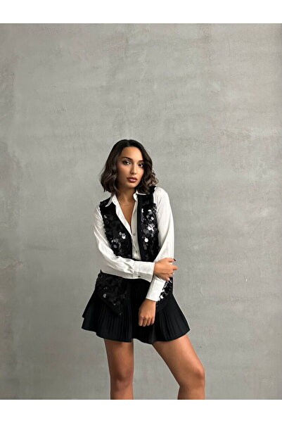 Caddebostan Moda Black Sequin Detailed Stylish Long Premium Luxury Trend Design Women's Vest