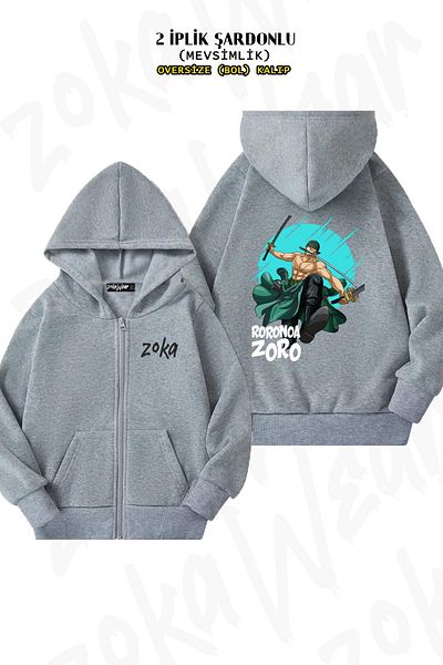 ZOKAWEAR One Piece Roronoa Zoro Back Printed Grey Oversize Cardigan - με φερμουάρ και κουκούλα (2 κλωστές)