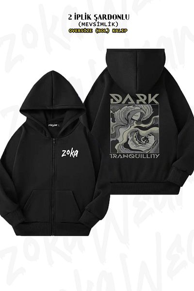 ZOKAWEAR Oversize Dark Tranquillity Rock Metal Back Printed Zip-Up Hooded Black Cardigan (2 Thread)
