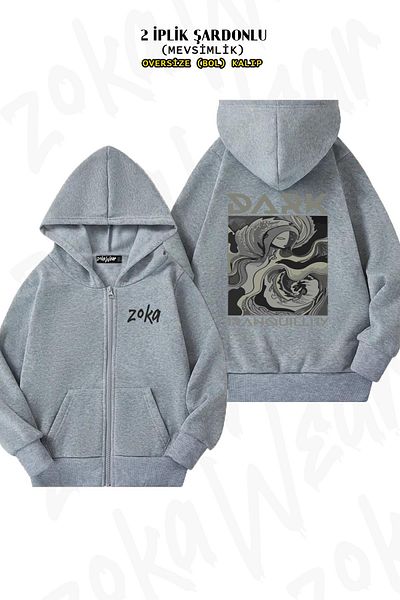ZOKAWEAR Oversize Dark Tranquility Rock Metal Back Printed με φερμουάρ με κουκούλα γκρι ζακέτα (2 κλωστές)