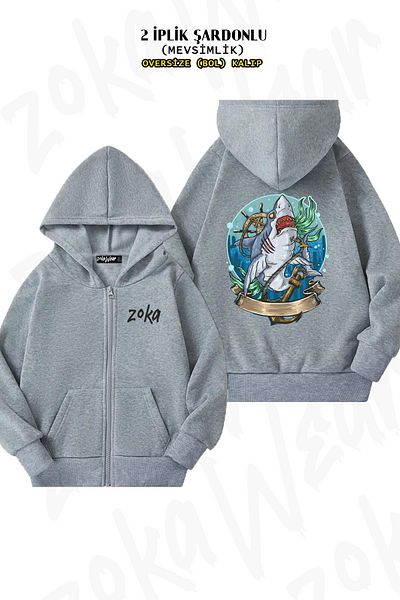 ZOKAWEAR Oversize Shark Fisherman Back Printed Zipper Hooded Grey Cardigan (2 νήματα)