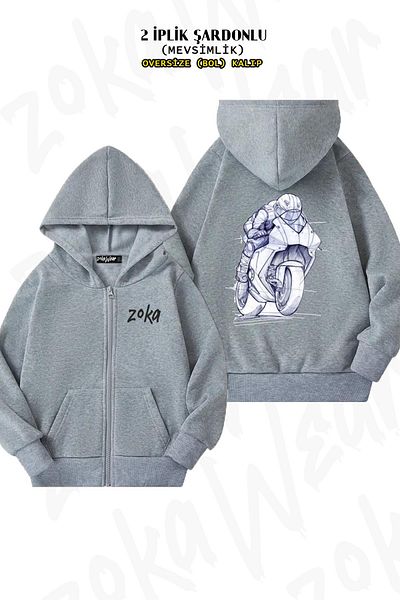 ZOKAWEAR Oversize Racing Motor Drawing Back Printed Zipper Hooded Grey Cardigan (2 νήματα)