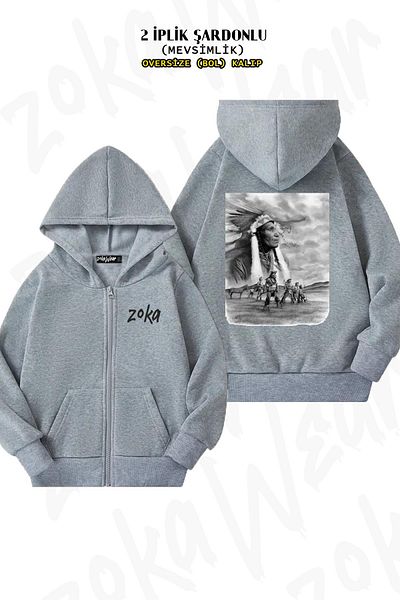 ZOKAWEAR Υπερμεγέθη γκρι ζακέτα - Ινδική, ιθαγενής Αμερικής, στάμπα στην πλάτη, φερμουάρ και κουκούλα (2 κλωστές)