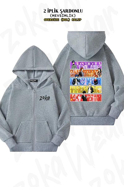 ZOKAWEAR Persona Series Grey Hooded Oversize Cardigan - Πίσω στάμπα, με φερμουάρ (2 κλωστές)