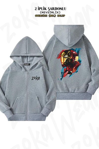ZOKAWEAR Oversize Iron man Back Printed με φερμουάρ και κουκούλα γκρι ζακέτα (2 κλωστές)