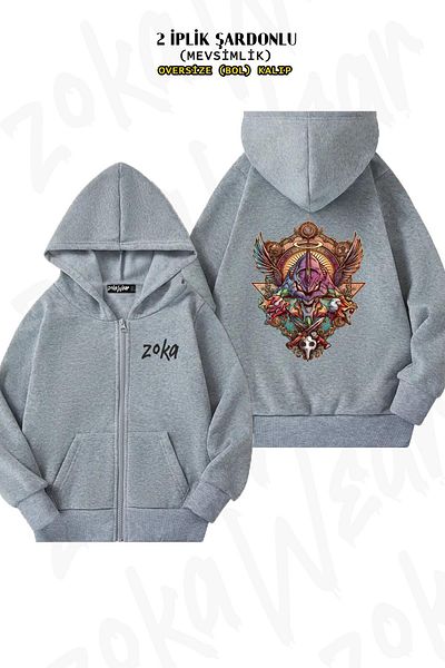 ZOKAWEAR Evangelion v2 Back Printed - Γκρι ζακέτα με κουκούλα με φερμουάρ (2 κλωστές)