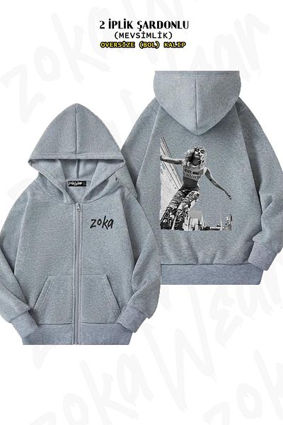 ZOKAWEAR Miley Cyrus2 Oversize Grey Cardigan - Πίσω στάμπα, φερμουάρ και κουκούλα (2 κλωστές)