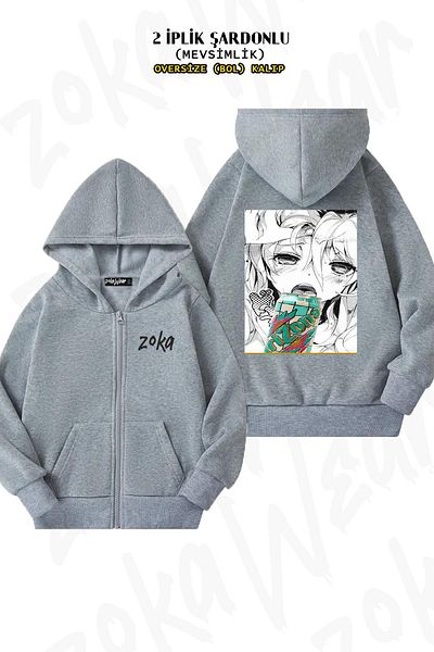ZOKAWEAR Gray Oversize Anime  Back Printed Hooded Cardigan - Zip-Up, 2 Thread