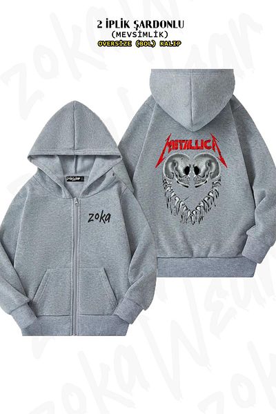 ZOKAWEAR Oversize Metallica, Two Skull Back Printed Zipper Hooded Grey Cardigan (2 νήματα)