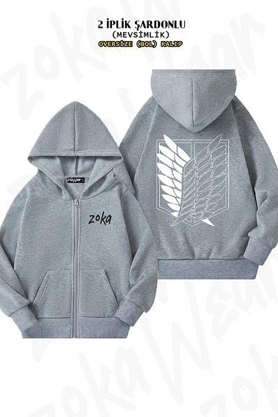 ZOKAWEAR Attack On Titan Anime Back Printed Grey Oversize Cardigan - Hoodie με φερμουάρ (2 κλωστές)