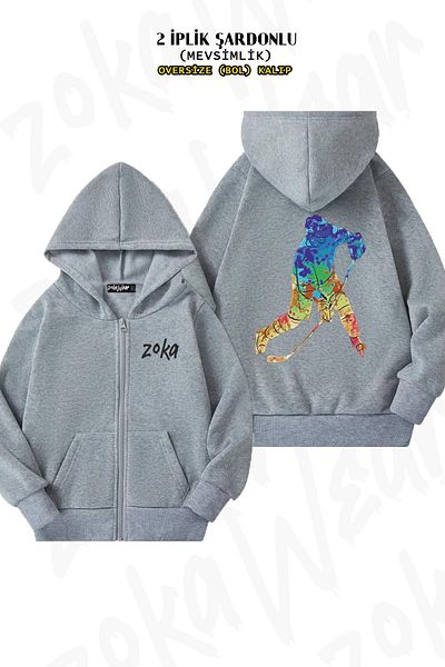 ZOKAWEAR Υπερμεγέθη χόκεϊ επί πάγου Πίσω στάμπα με φερμουάρ με κουκούλα γκρι ζακέτα (2 κλωστές)
