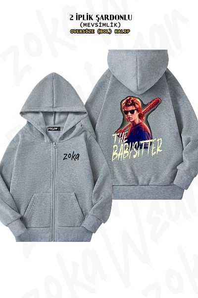 ZOKAWEAR Stranger Things Steve Back Printed Oversize Grey Cardigan - Φερμουάρ και κουκούλα (2 κλωστές)