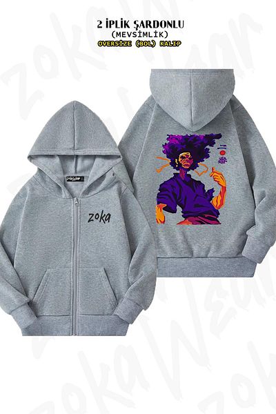 ZOKAWEAR Oversize Afro Samurai v2 Back Printed με φερμουάρ και κουκούλα γκρι ζακέτα (2 κλωστές)