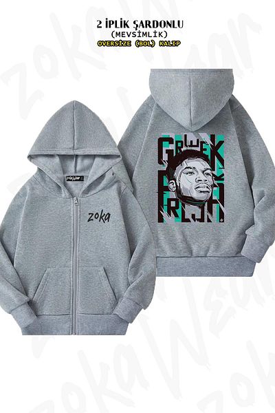 ZOKAWEAR Ζακέτα Giannis Antetokounmpo Back Printed Oversize - με φερμουάρ και κουκούλα, γκρι (2 κλωστές)