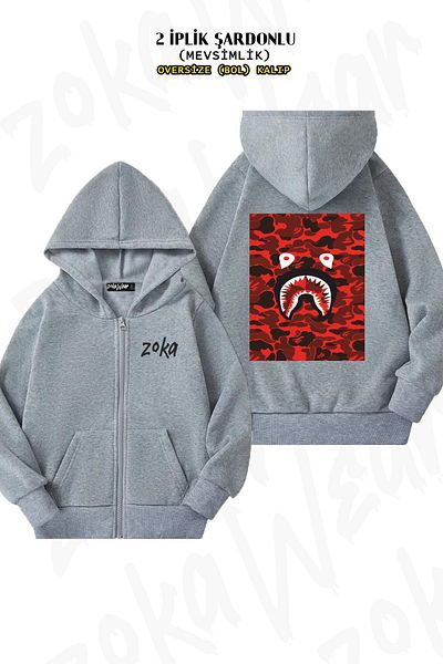 ZOKAWEAR Red Bape Shark Pattern - Γκρι ζακέτα με κουκούλα με φερμουάρ (2 κλωστές)