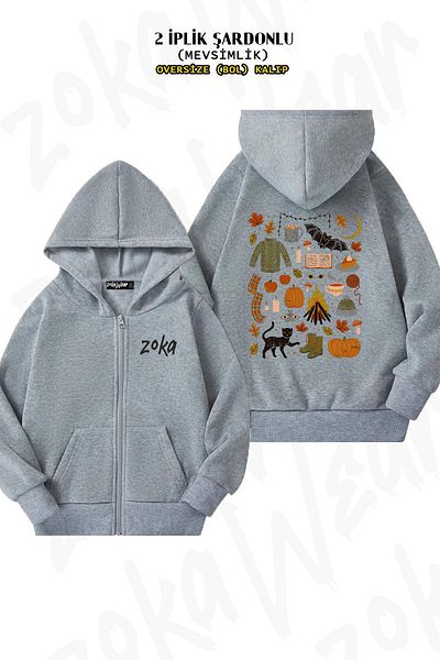 ZOKAWEAR Oversize Autumn Nights Back Printed με φερμουάρ και κουκούλα γκρι ζακέτα (2 κλωστές)