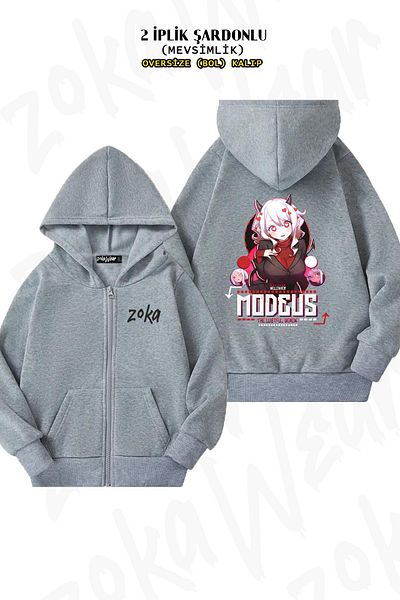 ZOKAWEAR Oversize Helltaker Modeus The Lustful Back με στάμπα με φερμουάρ και κουκούλα γκρι ζακέτα (2 κλωστές)