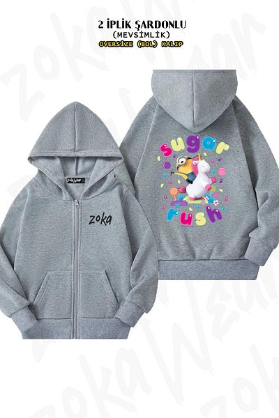 ZOKAWEAR Minions Stuart Unicorn Print - Γκρι ζακέτα με φερμουάρ και κουκούλα (2 κλωστές)