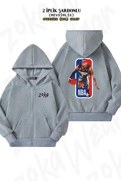 ZOKAWEAR Allen Iverson v3 Oversize Grey Cardigan - Πίσω στάμπα, φερμουάρ και κουκούλα (2 κλωστές)